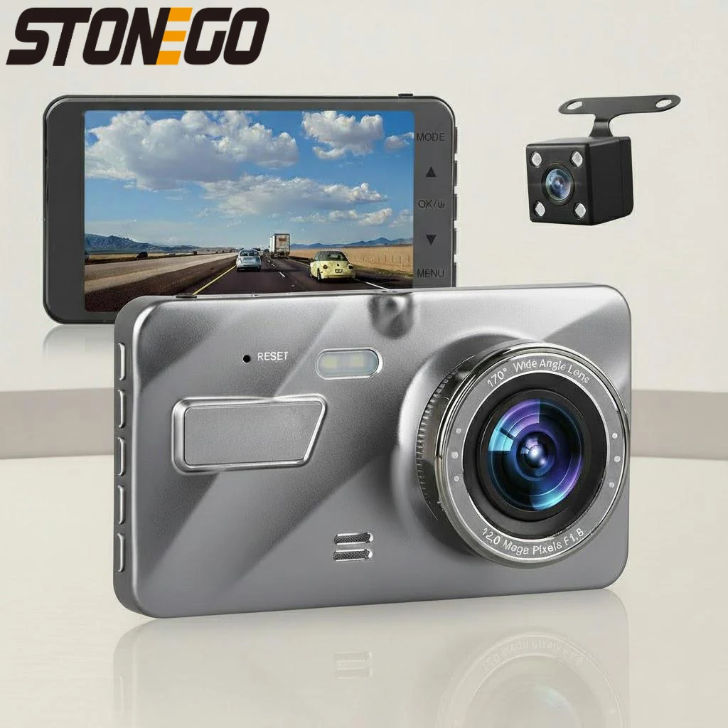 

Видеорегистратор 1080P с двумя камерами (передняя и задняя), 4-дюймовым ЖК-дисплеем, ночным видением, углом обзора 170 градусов, G-сенсором, циклической записью и мониторингом парковки