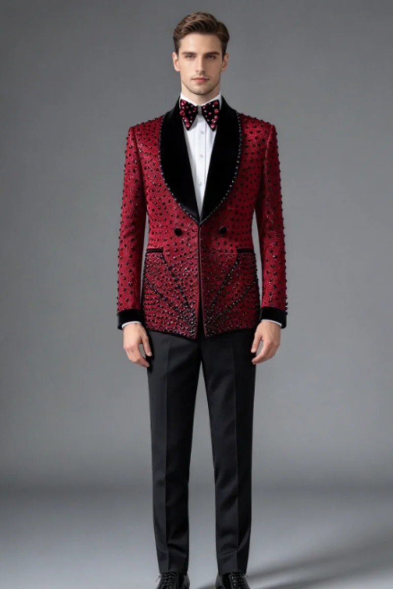 Elegant Red Rhinestone Groom Wedding Tuxedo Customized Velvet Lapel Slim Fit Men Suits 2 Pieces Sets Classic Ropa Hombre