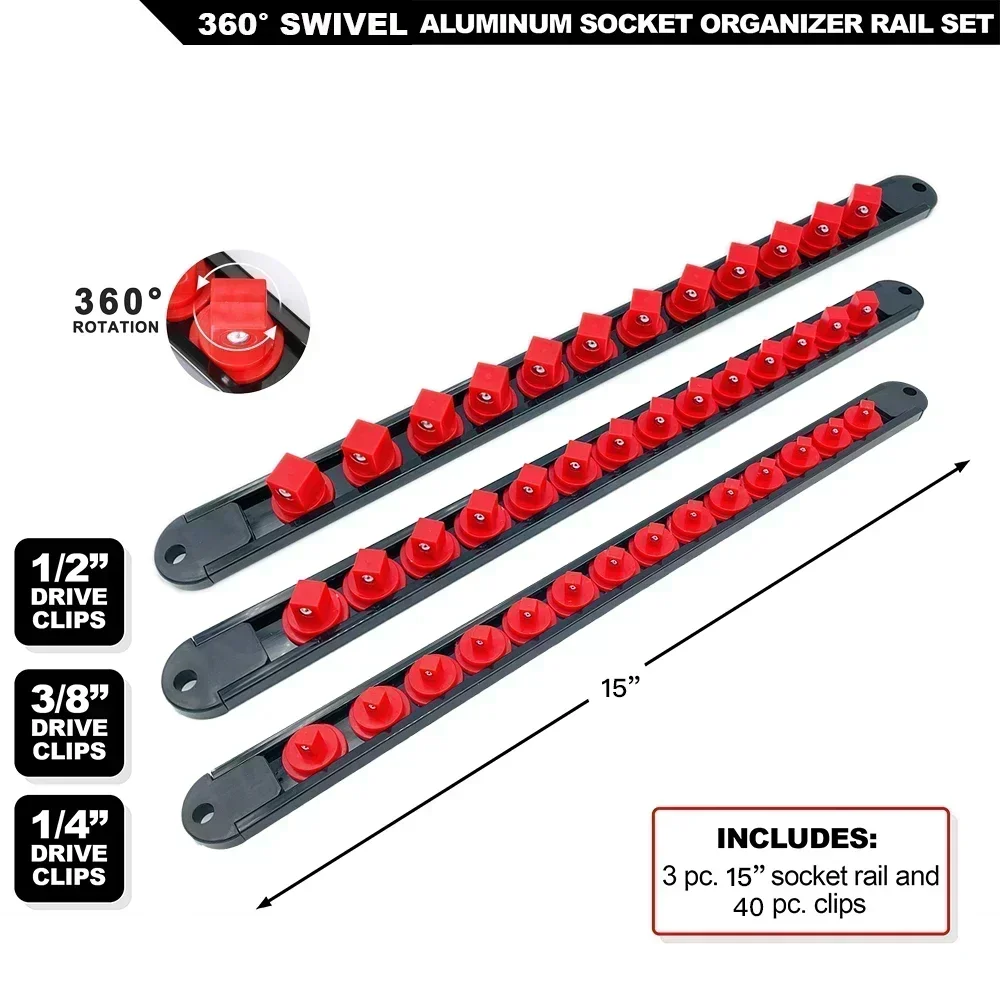 Premium Quality 360° Swivel ABS Socket Organizer Holder 1/4' 3/8' 1/2' Socket Clip Rail Tools Blue & Red