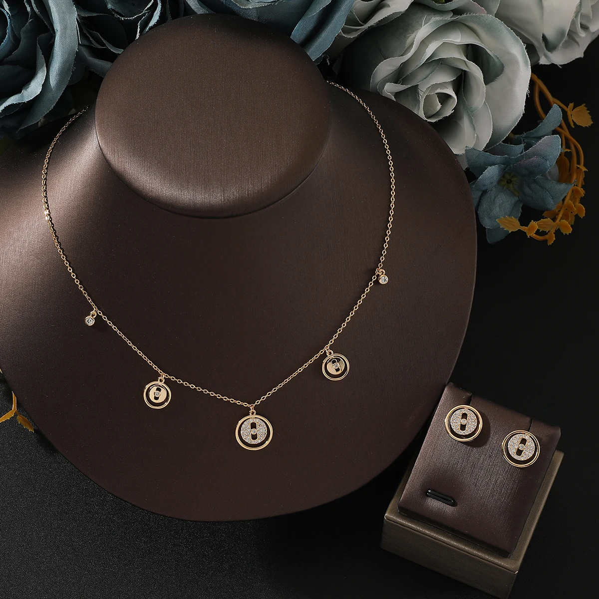 Women Fashion Trendy Zircon Choker Necklace Earring Set Round Design Wedding Party Adjustable Necklace Jewelry Set ​Accessory