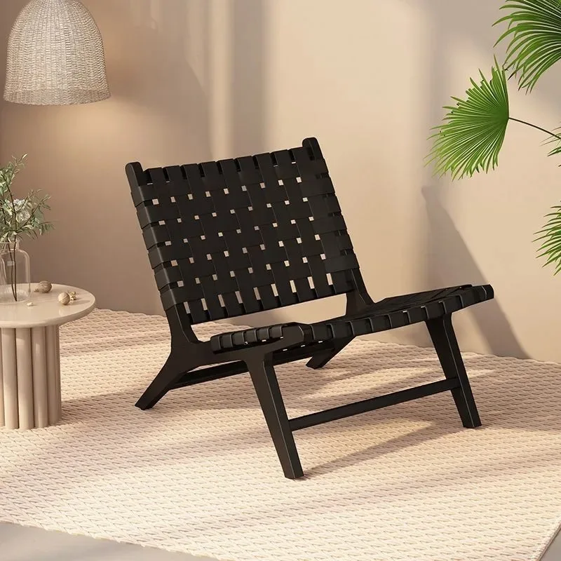 

Rope Woven Solid Wood Lounge Chair Nordic Balcony Leisure Chair Wabi-Sabi Lazy Armchair for Small Spaces and Bedroom Decor