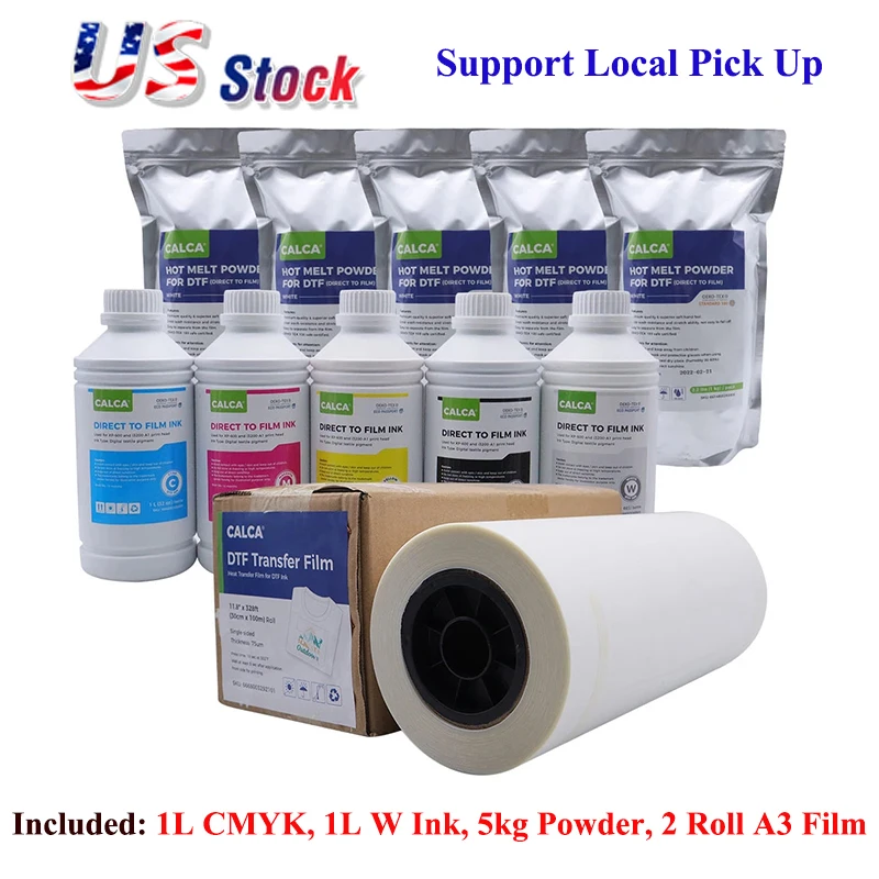 CALCA A3 DTF Film Rolls Printing Starter Supply Pack (1L CMYK, 1L W Ink, 5kg Powder, 2 Roll A3 Film) Consumable Material Sets