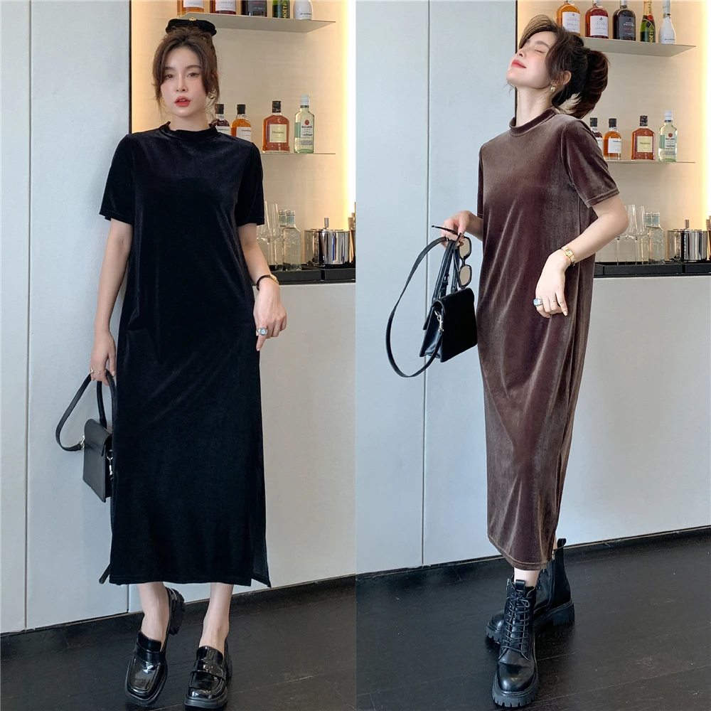 NYFS 2024 Autumn Winter New Korea Woman Dress Vestidos Robe Elbise Loose Plus Size Short Sleeve Gold Velvet Long Dresses