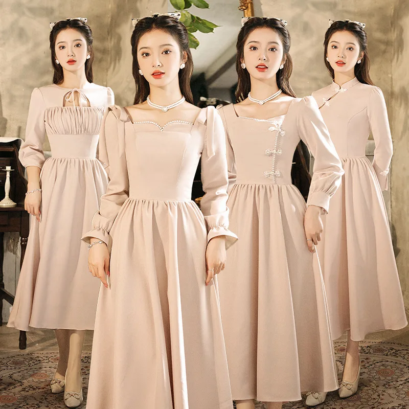 

Pink Maidsmaid Dress Long Sleeve Wedding Sister Group Gown Women's Fashionable High-End Everyday Wear Spring New Arrival
