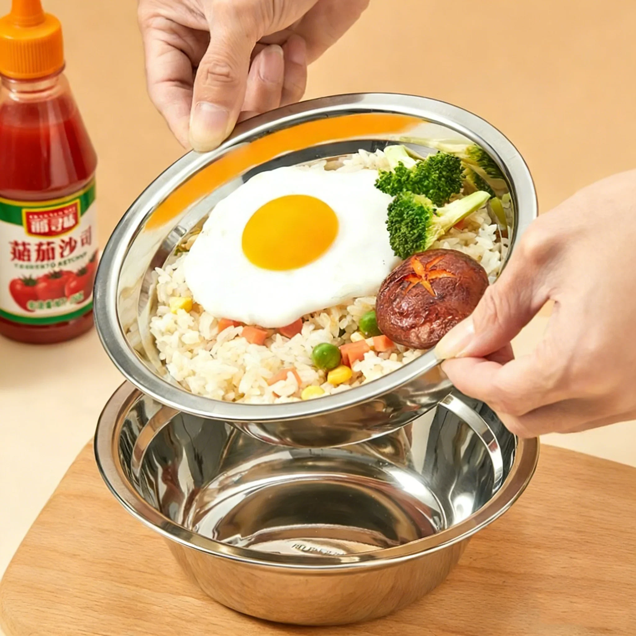Round Fruit Salad Bowl Durable 304 Stainless Steel Kneading Bowl Large Capacity Cooking Baking Mixing Bowls Kitchen Tableware ﻿