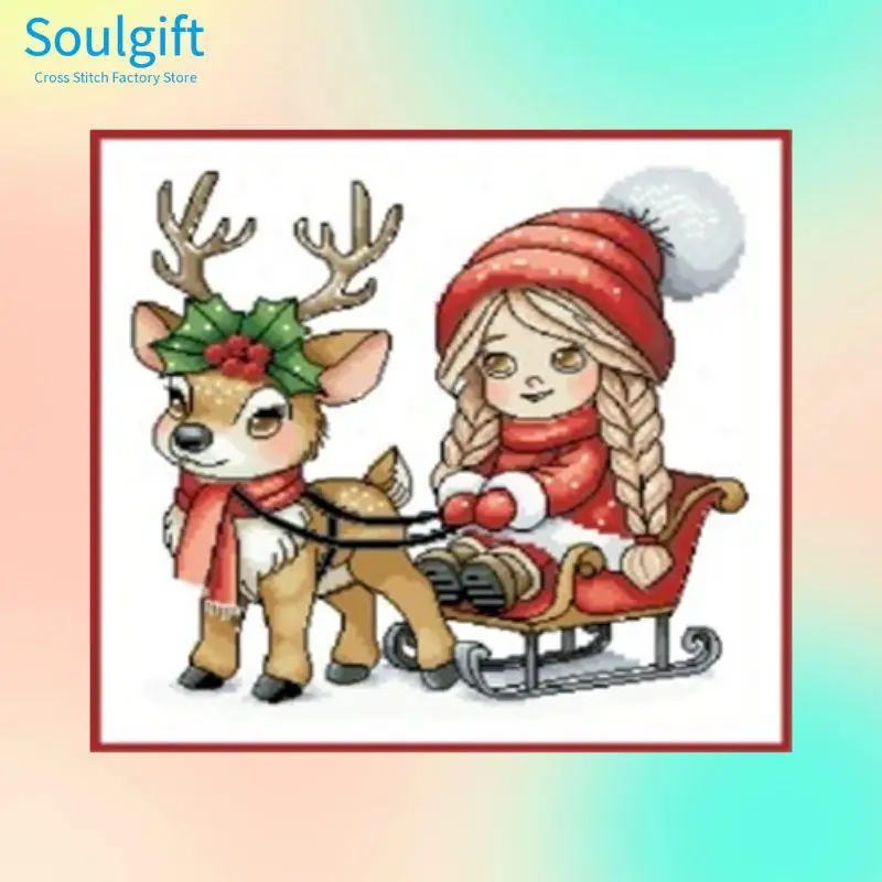 

Reindeer Sleigh Girl-Soulgift Stamped Pre-Printed Cross Stitch Kits, 9CT/11CT/14CT/16CT Fabric with DMC Threads, Easy