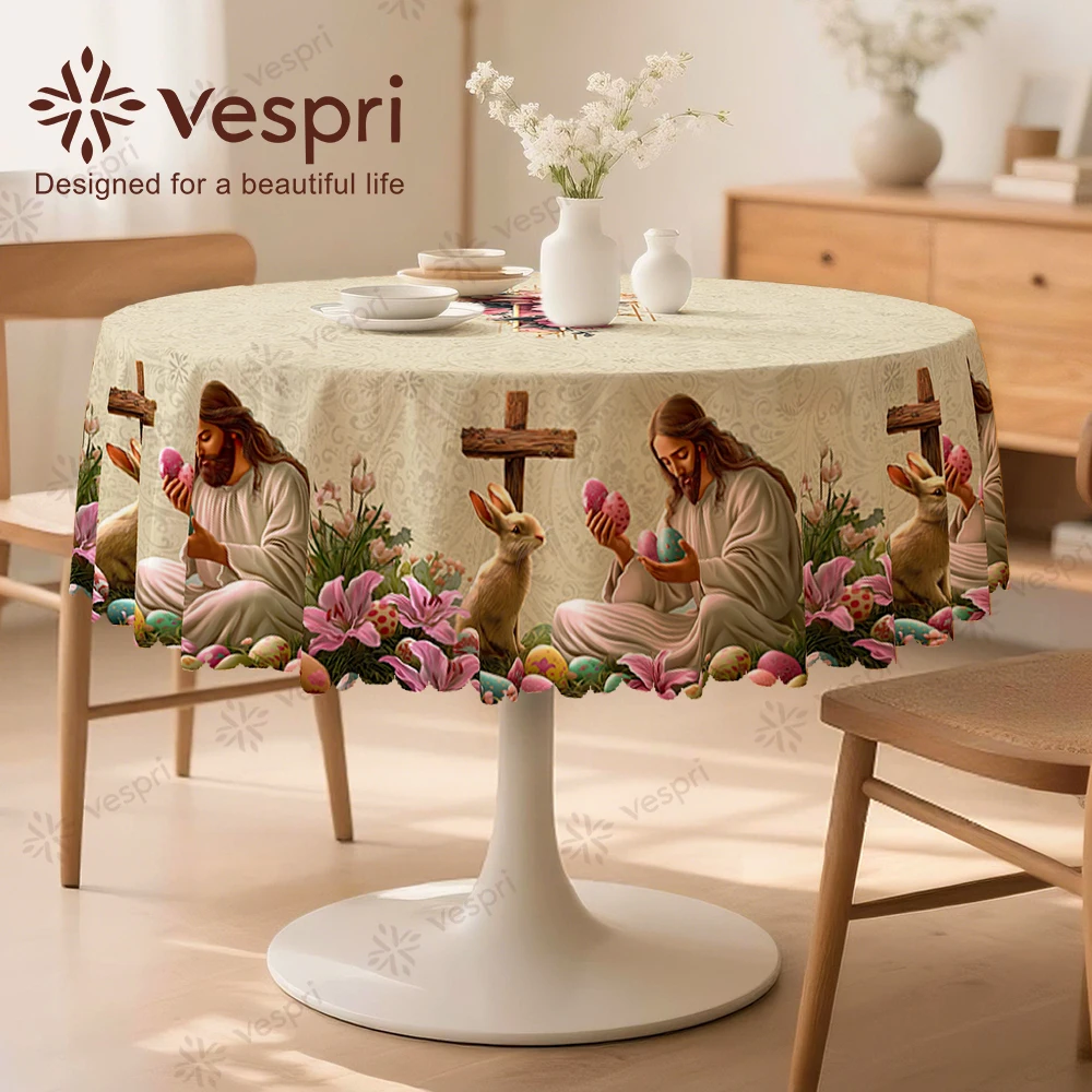 Vespri Easter Tablecloth Decor White Green Flower Rabbit Cross Round Rectangle Oval for Restaurants Parties Festivals