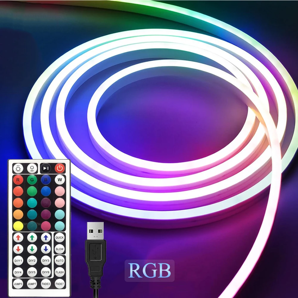 

Светодиодная лента RGB с дистанционным управлением, неоновая Водонепроницаемая осветительная трубка с регулируемой яркостью, мягкое освещение, украшение для дома, спальни, 5 В, 1 м, 2 м