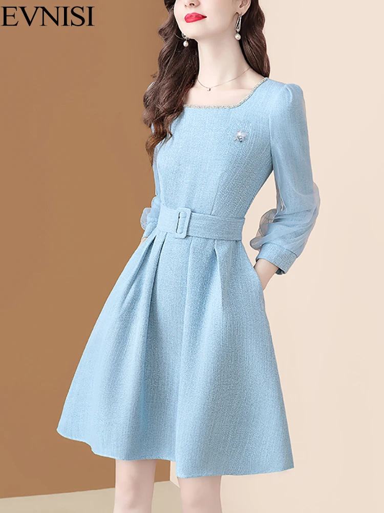 EVNISI Elegant Solid Tweed Dress With Belt Women Square Collar Diamonds Shiny Bee Brooch Vintage Dresses Office Lady Vestidos