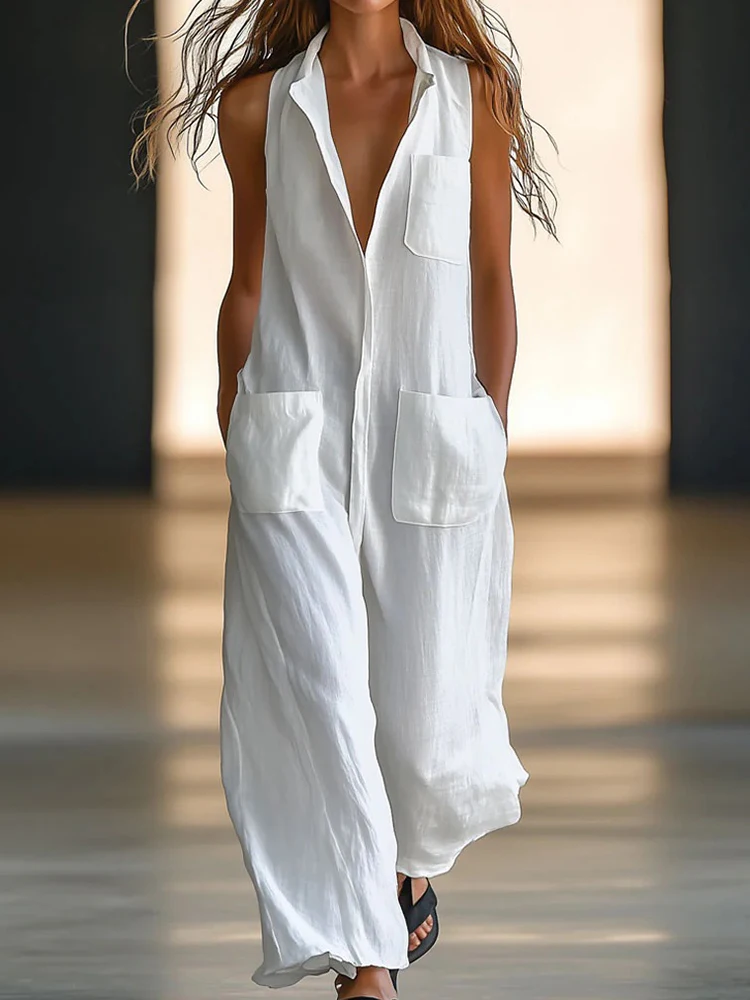 Women's Sleeveless Loose Casual Summer Jumpsuits V Neck Solid Patchwork Chic Playsuits Simple Elegant Bodysuits for Ladies 2025