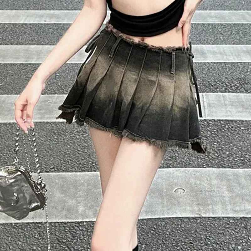 Gidyq Fashion Irregular Jeans Skirts Vintage Female Casual Tassel Mini Skirts Summer All Match Gradient Lace Up Pleated Skirts
