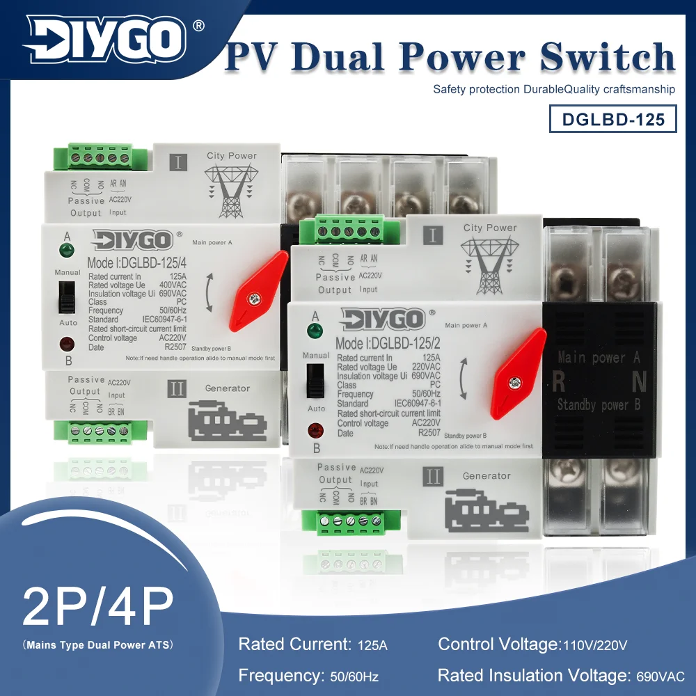 DIYGO 2P/4P Mini Din Rail ATS 110V 220V PC Dual Power Automatic Transfer Switch 125A Household Power Transfer Switch 50/60Hz