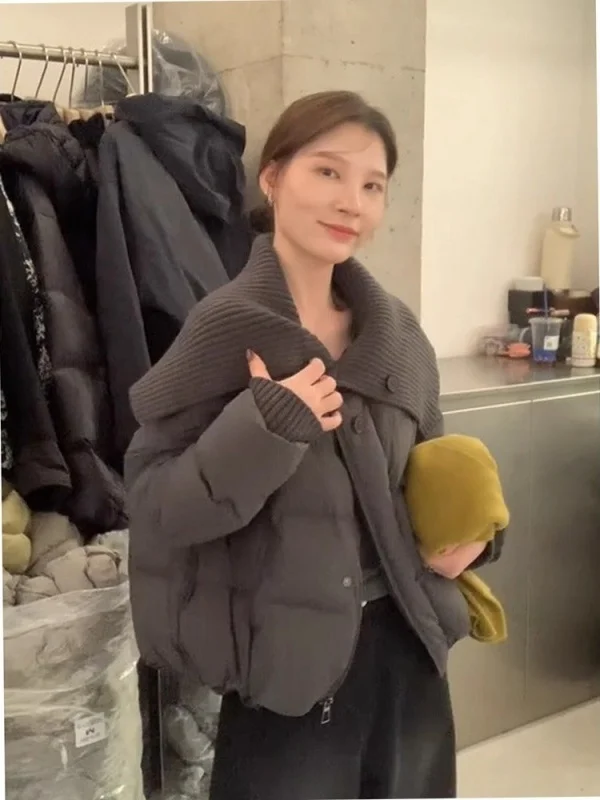 

Slimming Effect Korean Sle Loose Collar Knitted Splice Cotton Jaet Women's Winter New Sle Versatile Loose Fit Cotton Coat