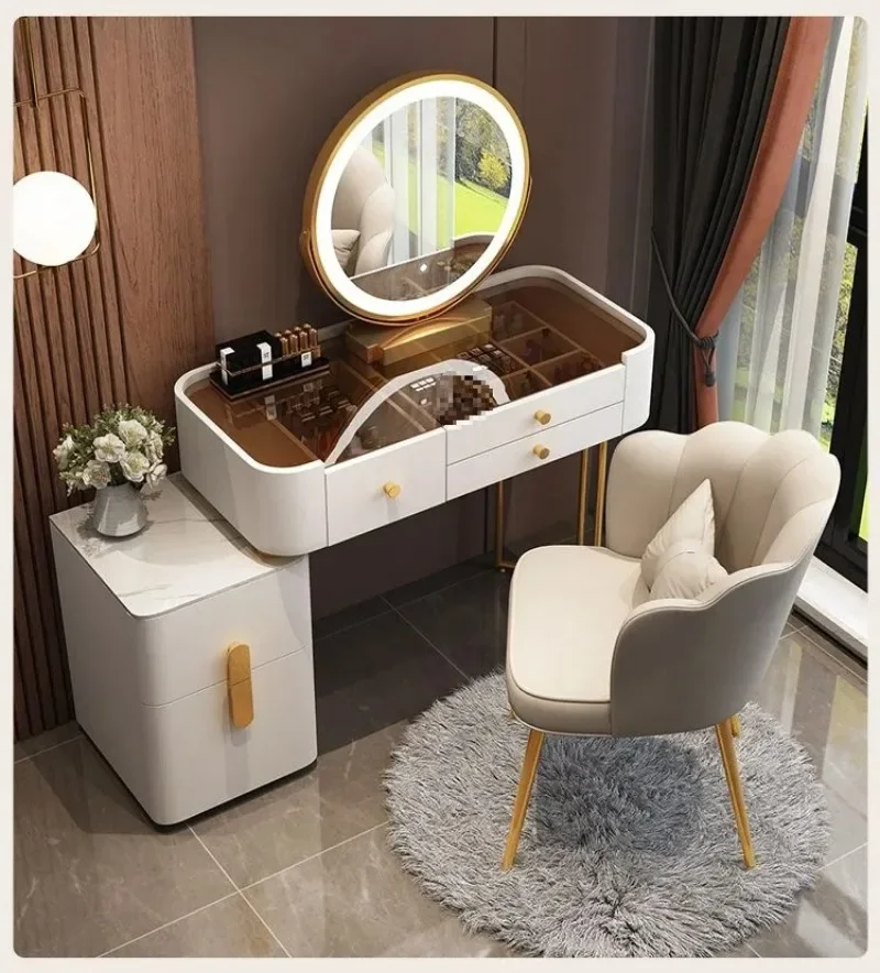 wood dresser, light luxury high-end cream style, storage cabinet integrated LED mirror, living room folding makeup table