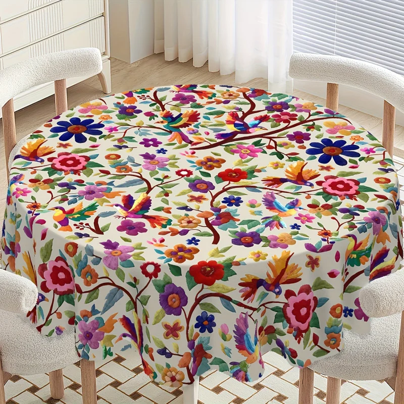 

Vintage Mexican Floral Round Tablecloth, Luxury Dining Table Cover, Bohemian Home Decor, Instagram Aesthetic Waterproof
