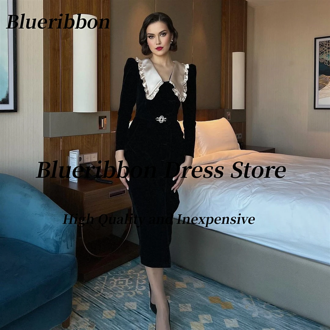 

Blueribbon Black Velour Tea Length Dresses for Evening Party Lapel V Neck Long Sleeves Prom Dress Short Cocktail Formal Gowns