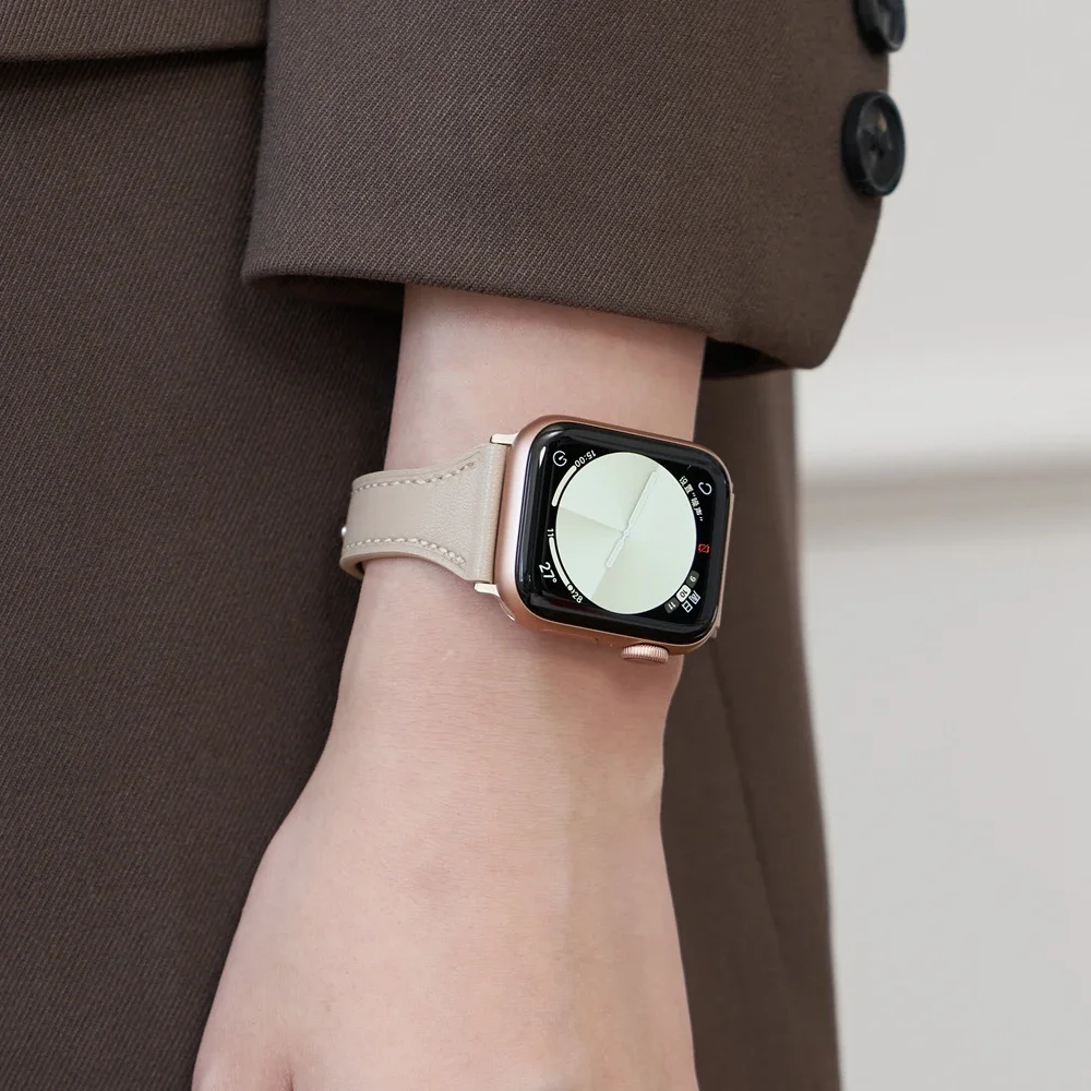 Apple Watch 밴드 살구 여성용 멋진 가죽 루프 42mm 44mm 45mm 46mm 스트랩 시리즈 Ultra 10/9/8/7/6 38mm 40mm 41mm