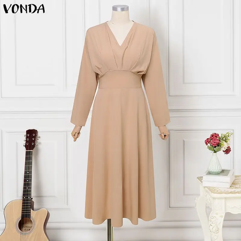 

Элегантное вечернее платье макси VONDA больших размеров (до 5XL) для женщин, модное, с длинным рукавом, приталенное, с V-образным вырезом, сексуальное, для вечеринок, однотонное, повседневное, в стиле streetwear.