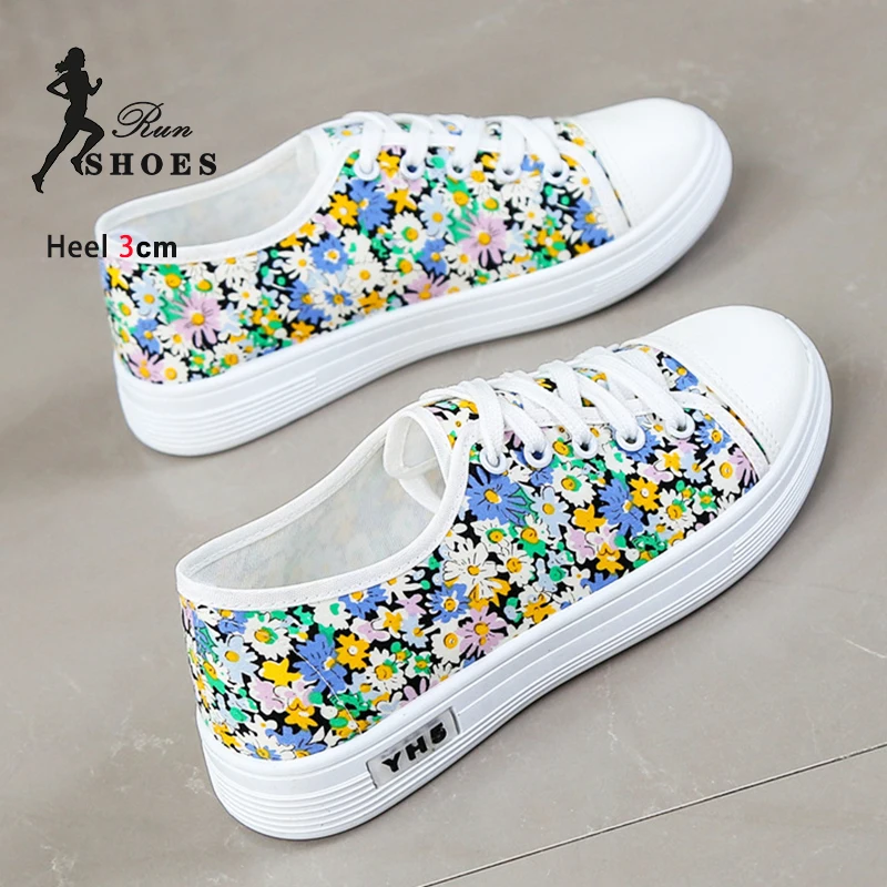 

Женская повседневная обувь с цветочным принтом, летние парусиновые туфли на шнуровке 3 см, удобные дышащие легкие студенческие кроссовки на мягкой подошве