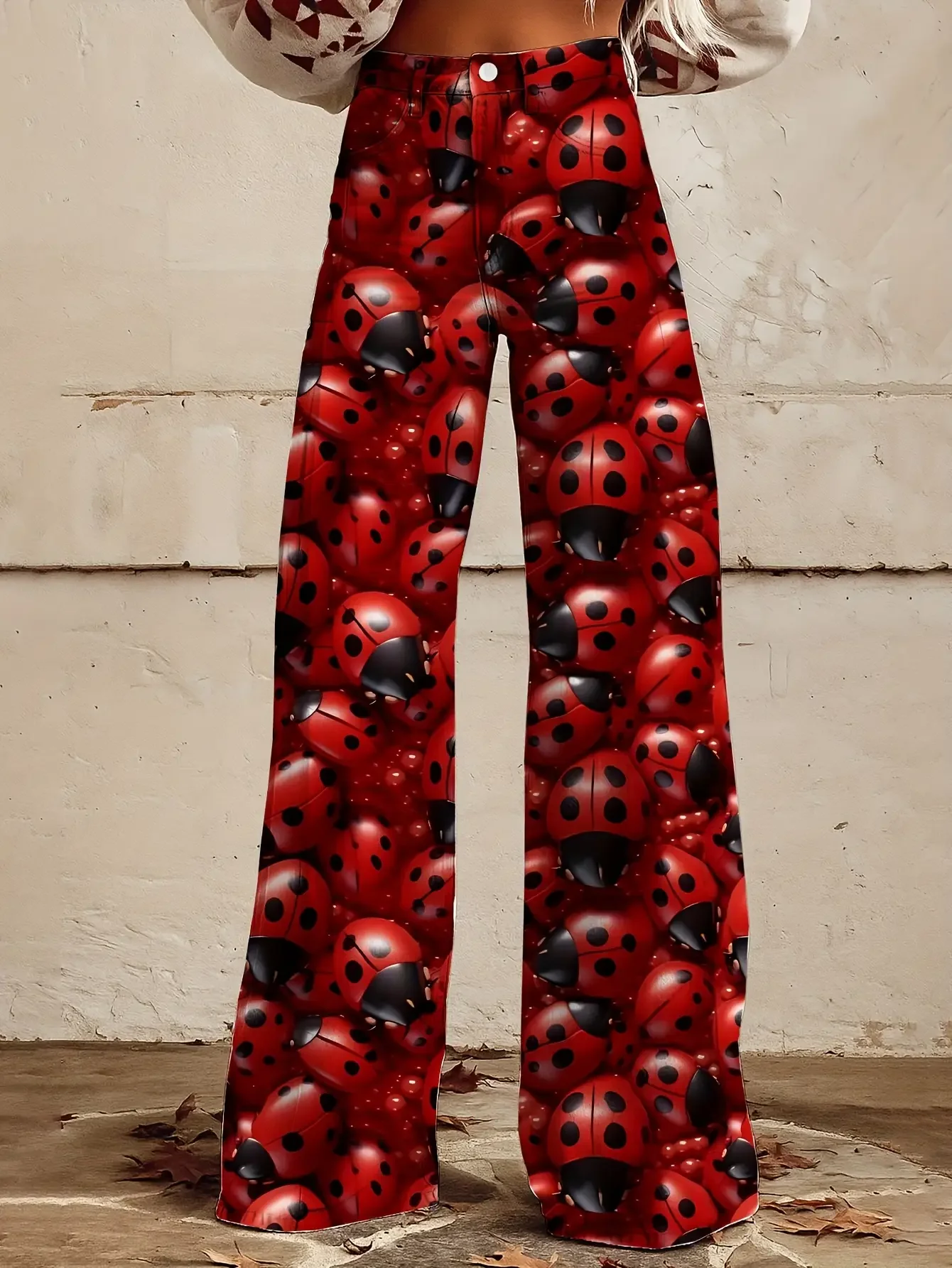 Women's printed exquisite pattern wide leg imitation jeans, Non denim printed pants, high waisted loose flared pants
