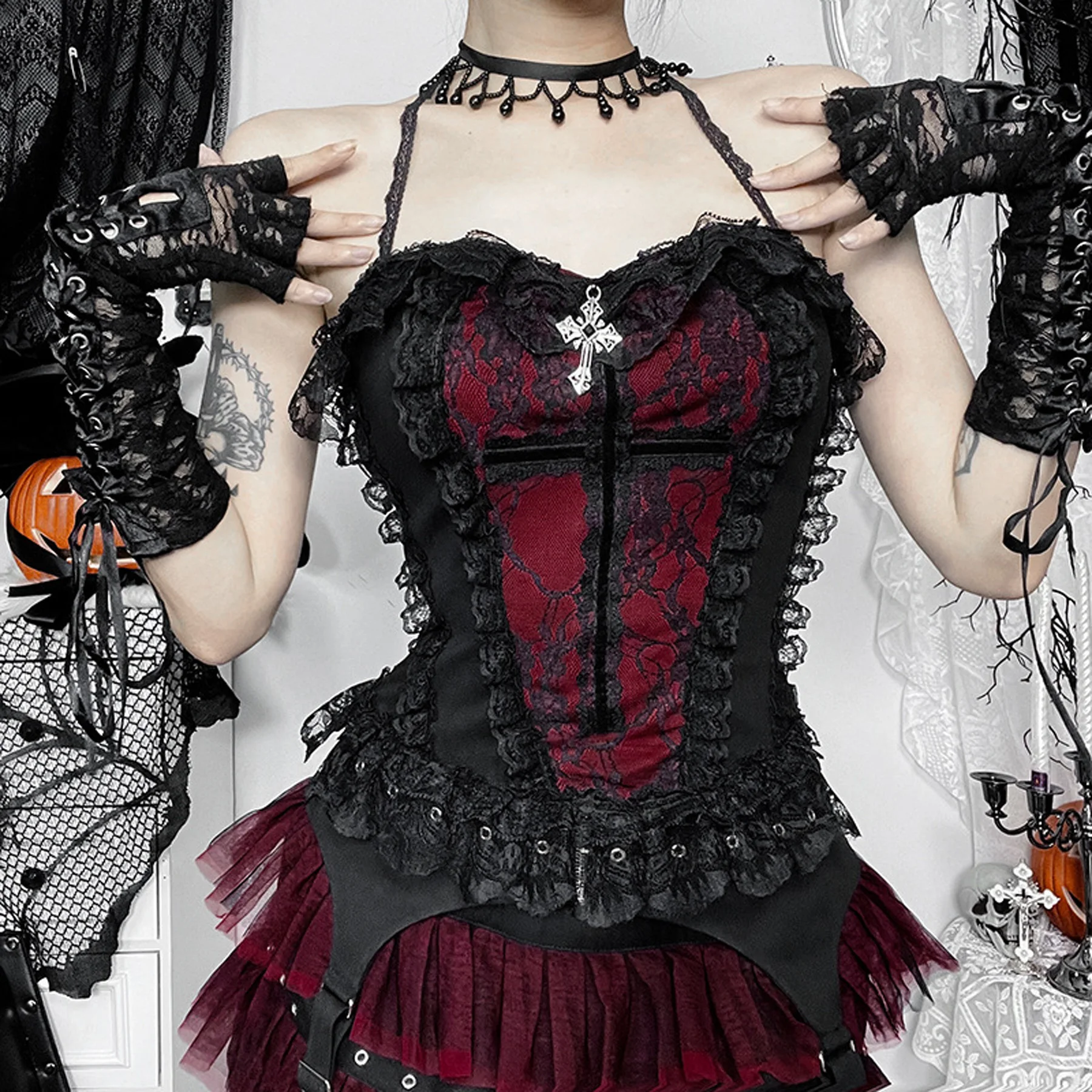 

Black and Burgundy Lace Patchwork Corset Top with Cross Goth Jirai Kei Alt Y2K E girl Vintage Aesthetic Halter Crop Top