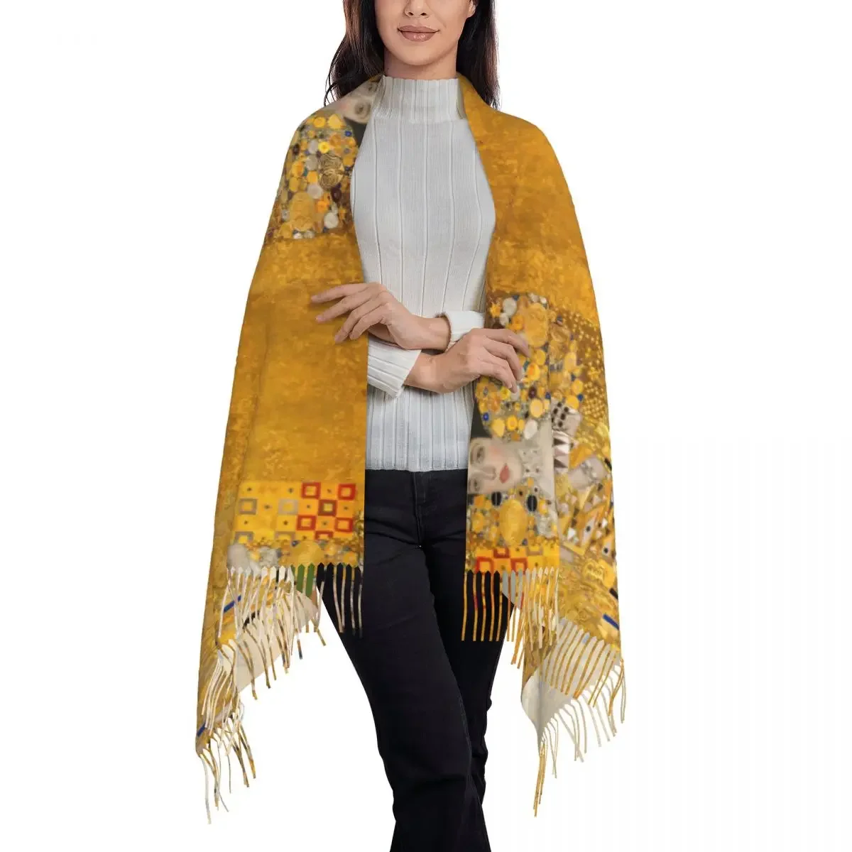 Ladies Scarf Keep Warm Gustav Klimt Headwear Scarves with Tassel Portrait of Adele Casual Shawls Wrpas Winter DIY Bufanda Mujer