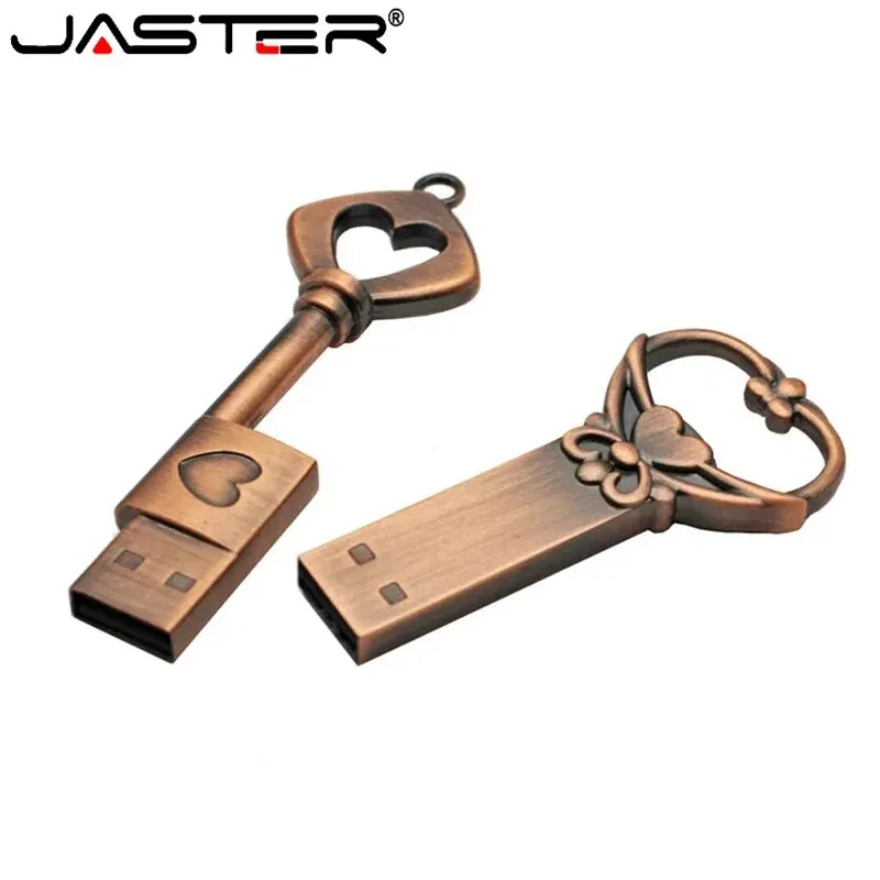 JASTER Copper Love Heart Shaped Key Usb Flash Drive Pendrive Pen Drive 32GB 64GB Metal Keys Memory Stick Creative Wedding Gift