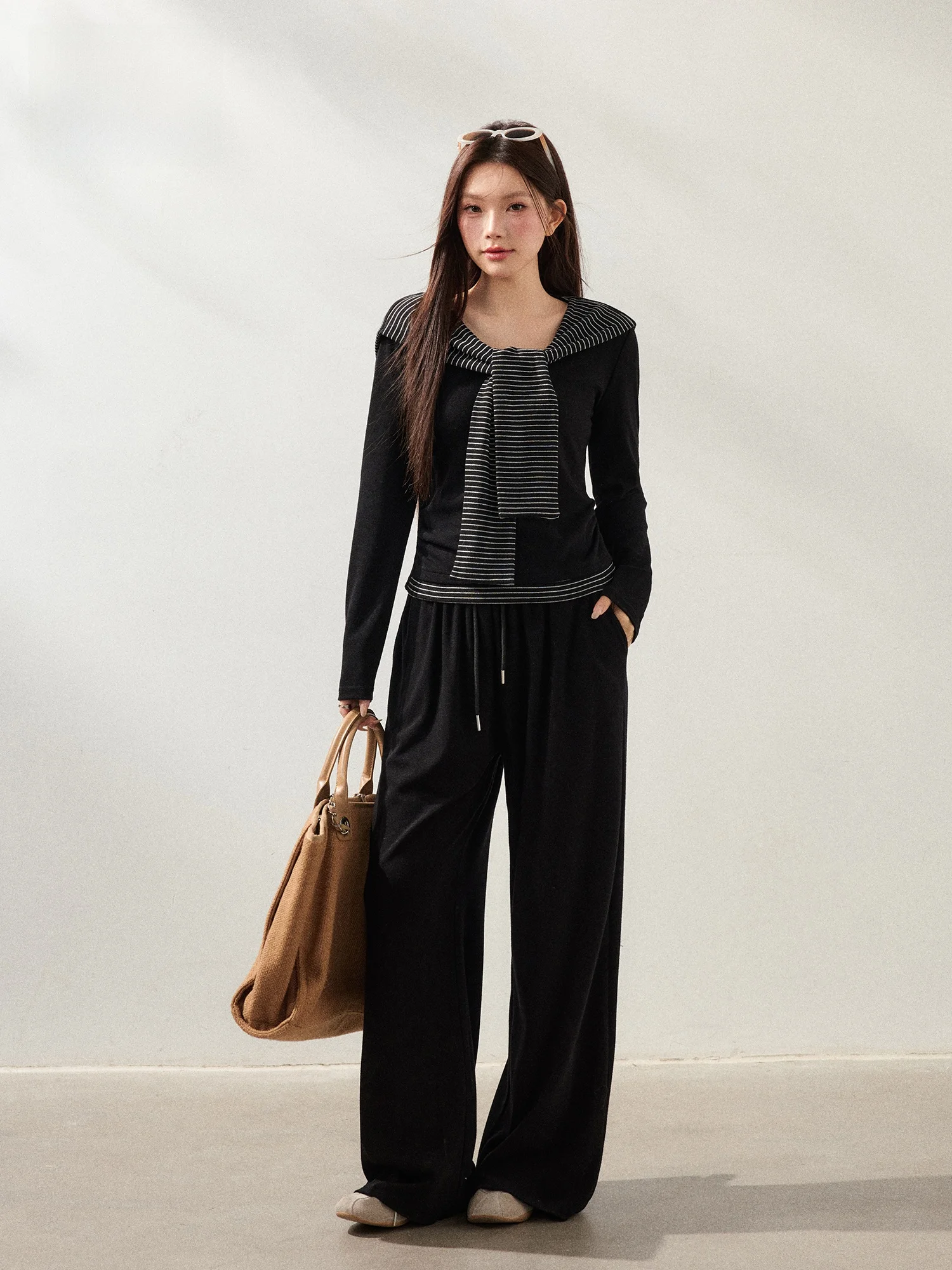 

Zhang Da plus Size Women's Fashion Set Casual Pants with Shoulder Wrap Top Black Stripe Slimming High Waist Long Pants