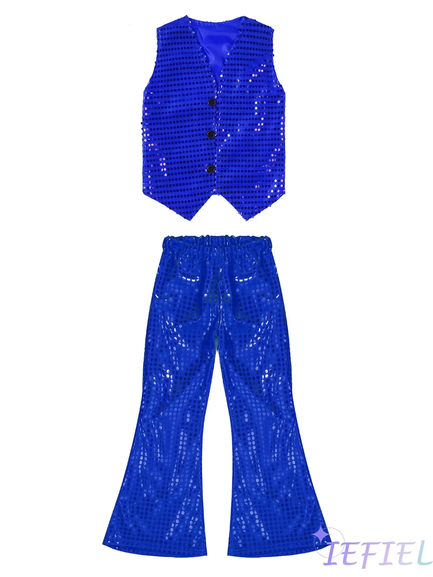 

2pcs Kids Unisex School Jazz Stage Performance Street Dance Outfit Glittery Sequined Vest V Neck Waistcoat with Flared Pant
