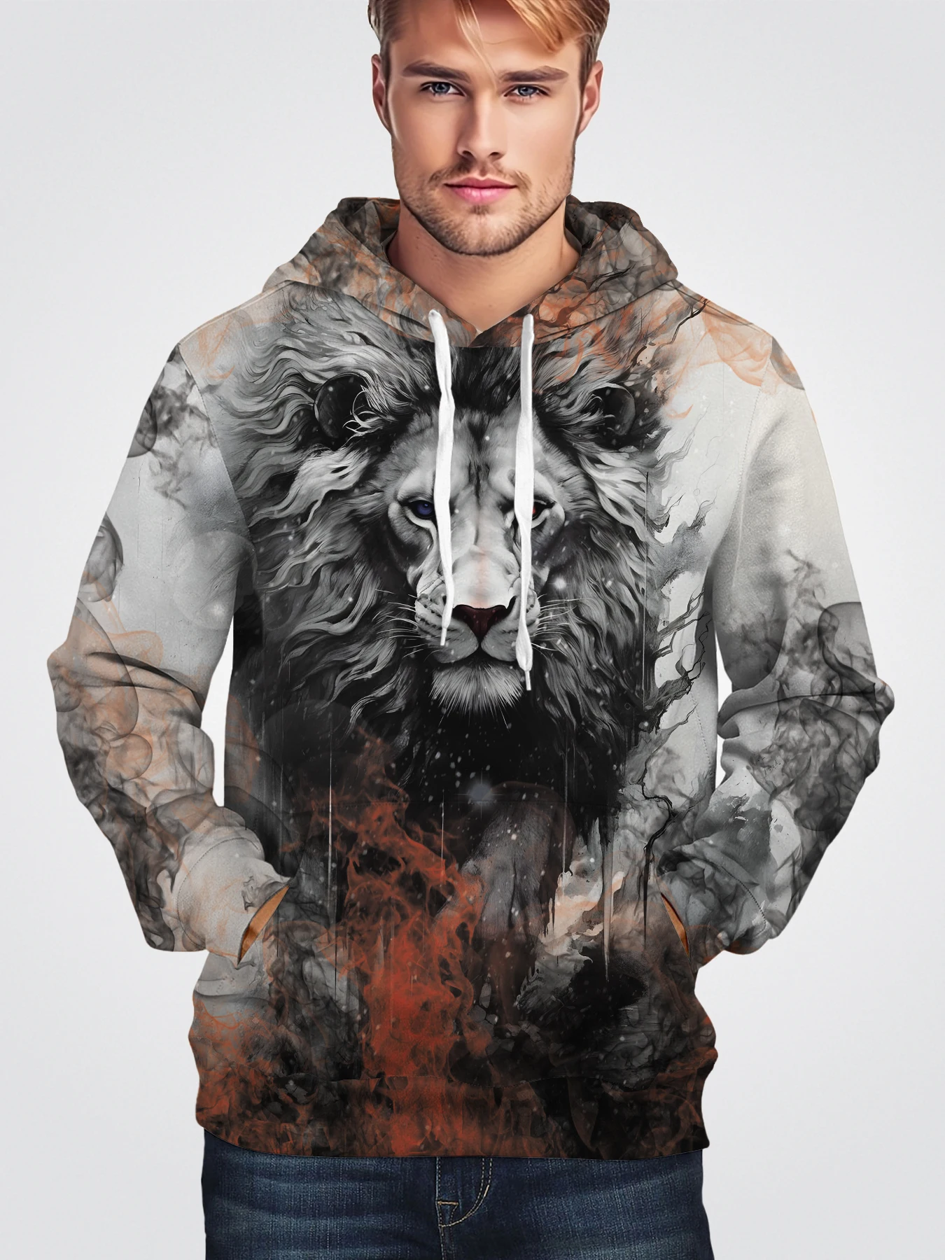 

Cool Lion Hoodie For Men 3D Flame Printed Long Sleeve Pullover Popular Animal Graphic Polyester Casual Men's All-over Clothing