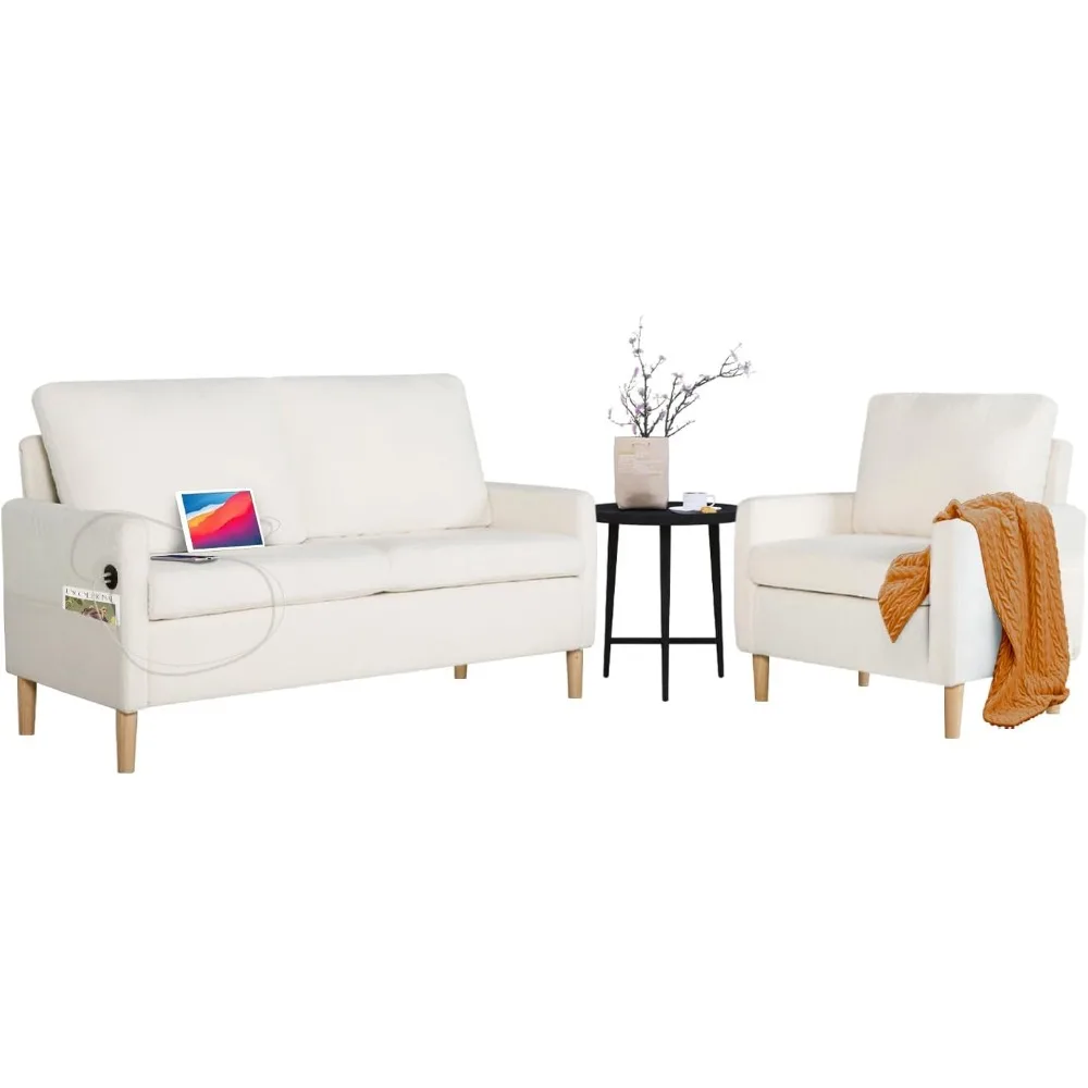 ספה מרופדת סלון מודרנית סטים 2 חתיכה, 55 ”w ספה מרופדת מרופדת w/ 2 יציאות טעינה ו-2 כיסאות זרוע מבטא נוח