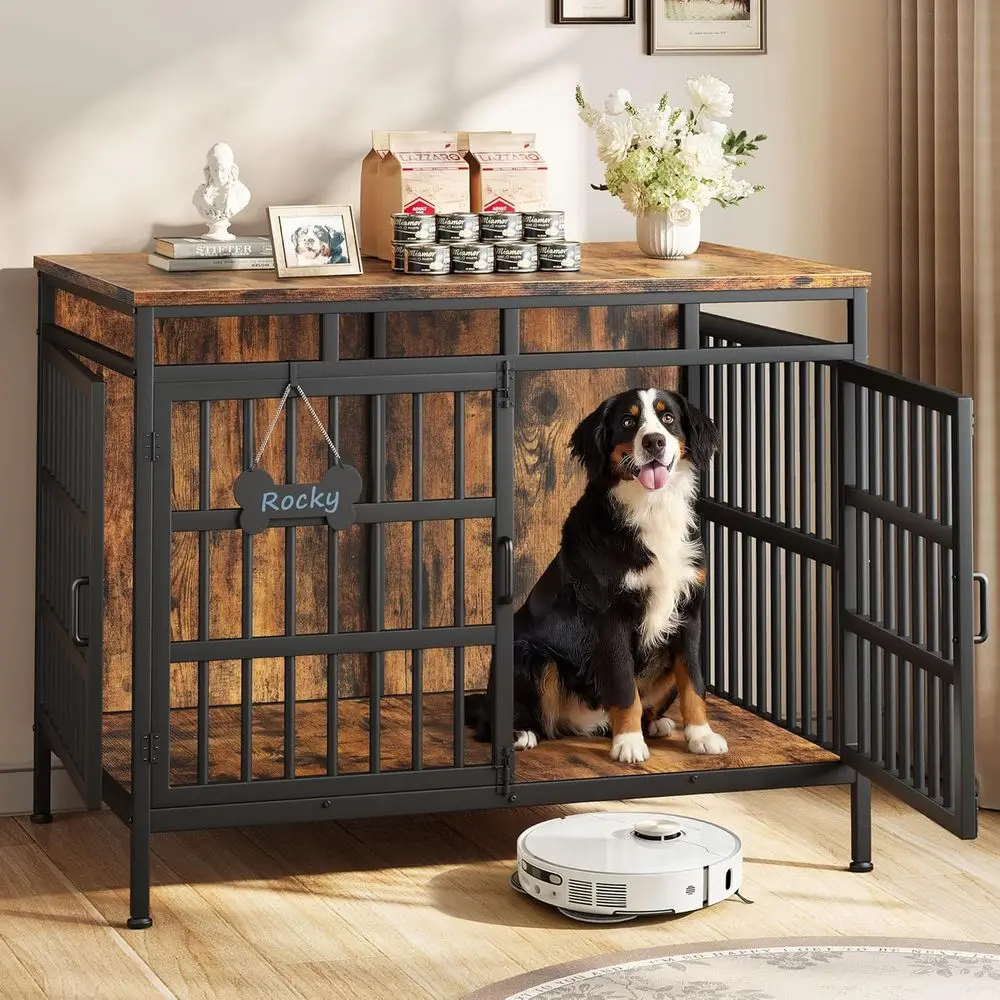 

47 Inch Dog Crate, Heavy Duty Dogs Kennel for Small Medium Large Dogs, Double Doors Indoor Decor Pet House Cage, Anti Escape Woo