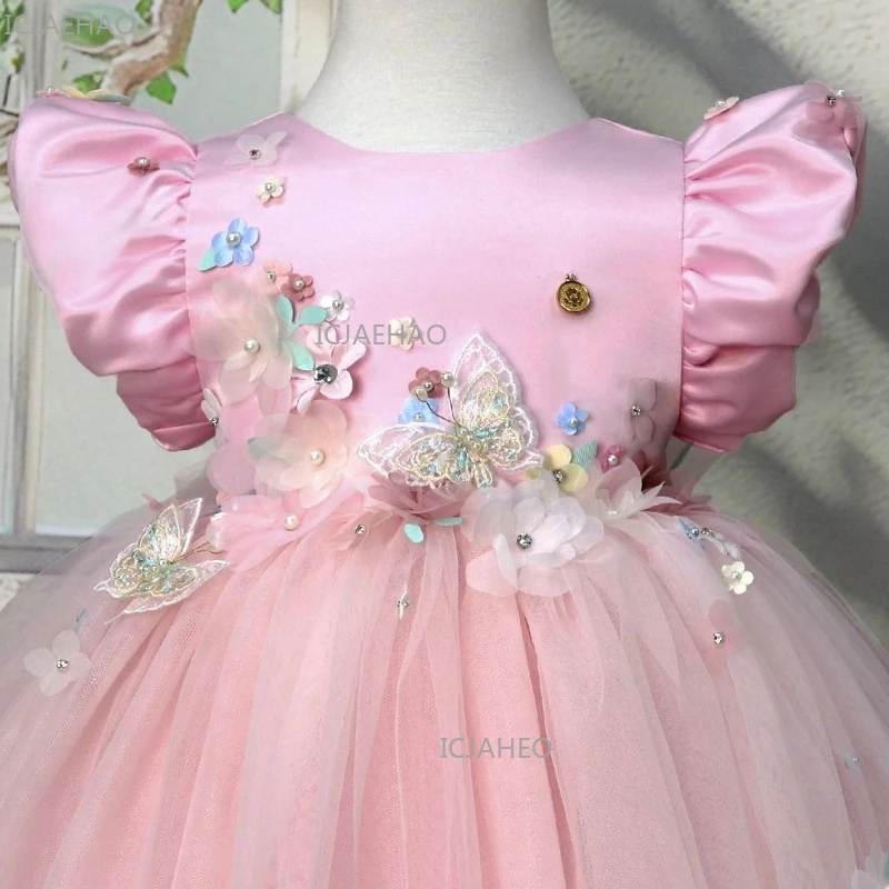 

New Girls Dress Bubble Puff Sleeves Applique Kids Formal Celebration Evening Children Costume Gown Baby Princess Girls Party