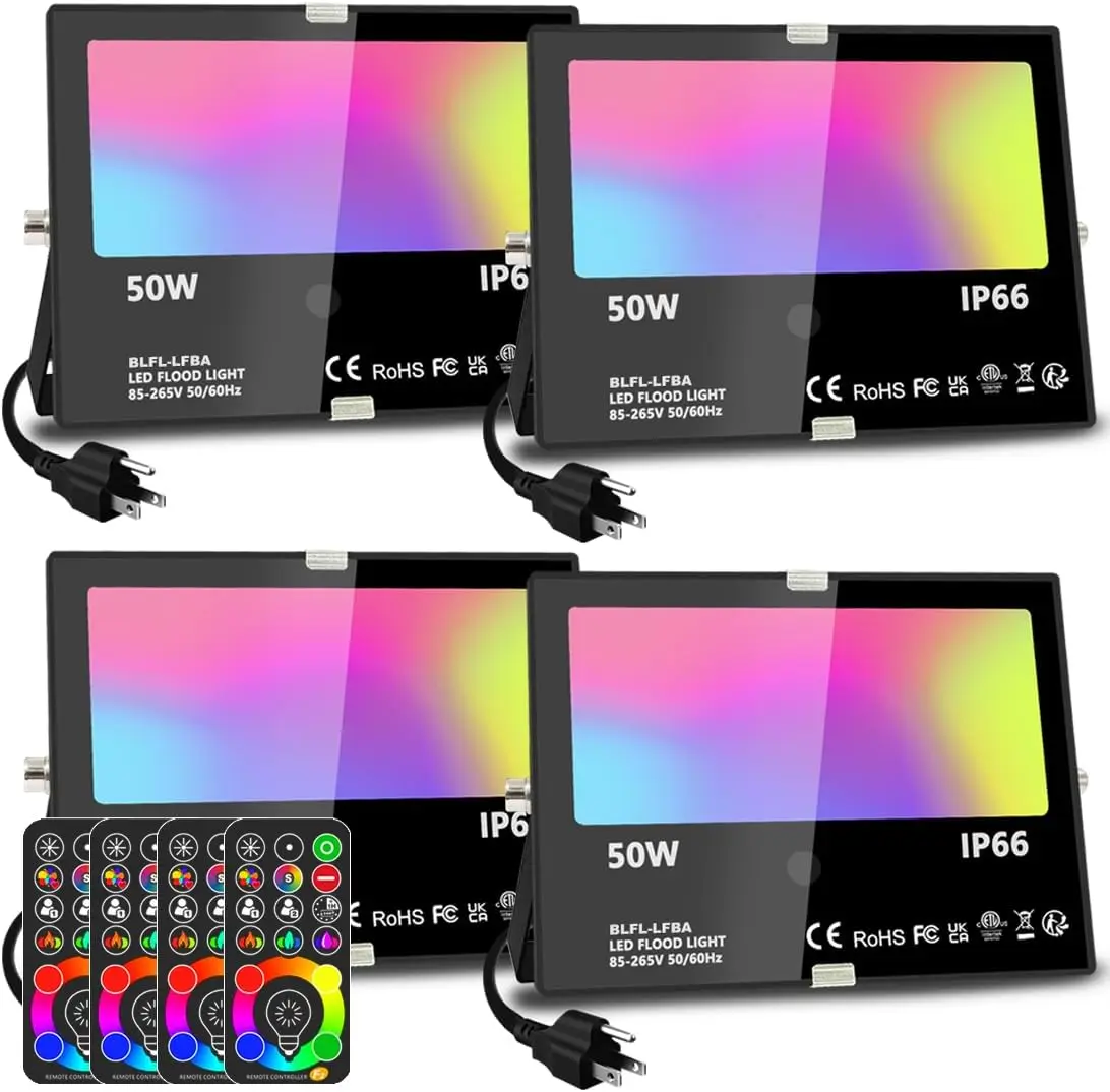 

50W RGBW LED Flood Lights, 4 Pack Outdoor Colored Lighting with Remote, 120 Colors, Dimmable, Timer