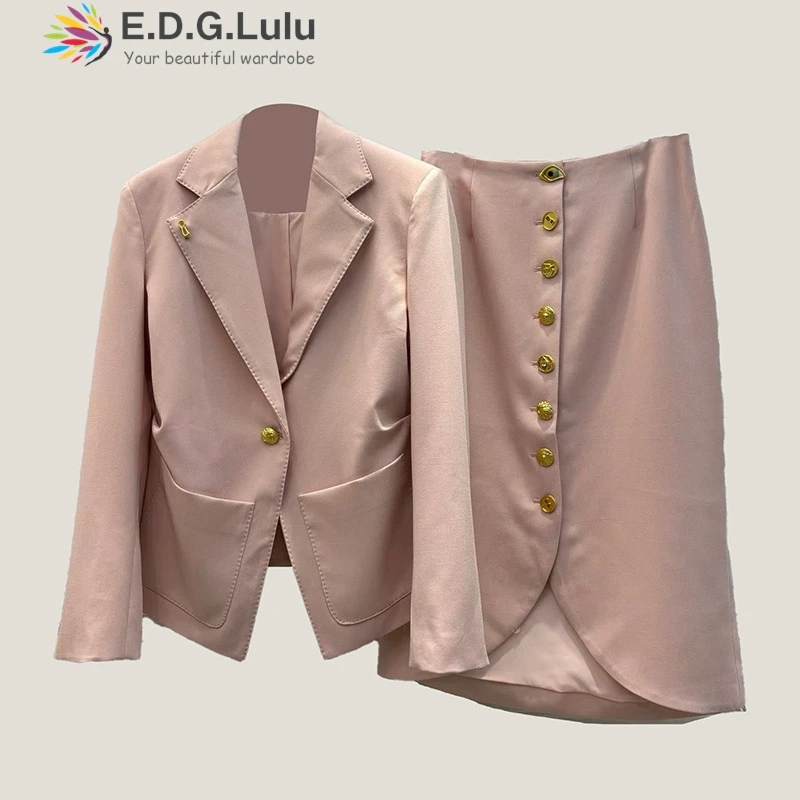 EDGLuLu Two Piece Outfits Woman Turn-Down Collar Long Sleeved Slim Fit Jacket+High Waisted Single Breasted Skirt Pink Suit 0927