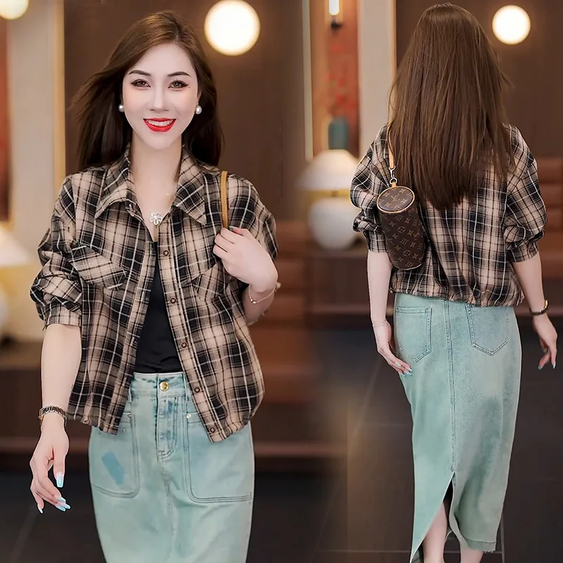 Red Plaid Shirt Coat Women's Early Autumn Loose Small Western Style Youthful-Looking Flab Hiding Coat