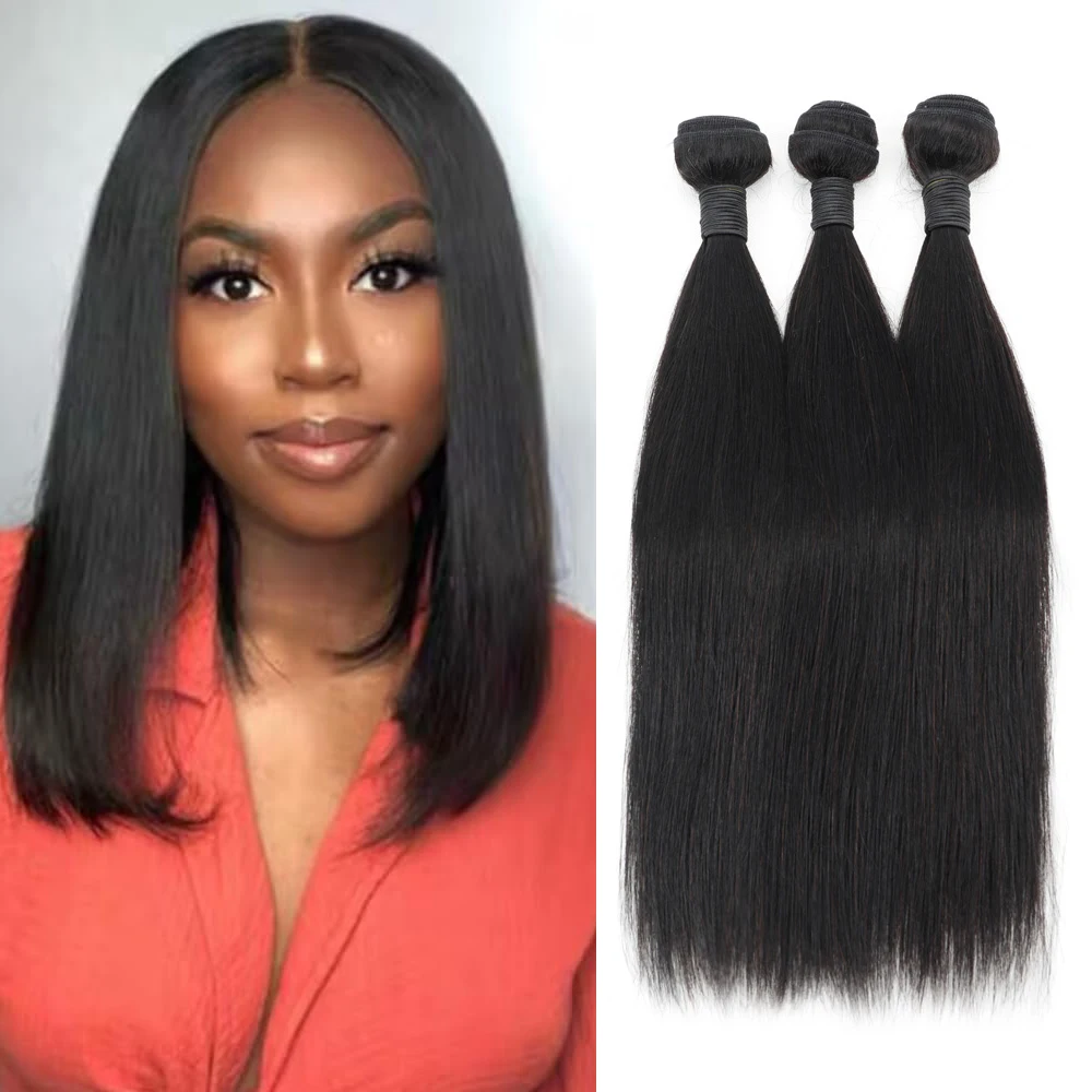 Brazilian Remy Straight Pacotes de cabelo humano, Weave Bundles, Natural Black, 100% extensões de cabelo humano, 1 Pc, 3Pcs