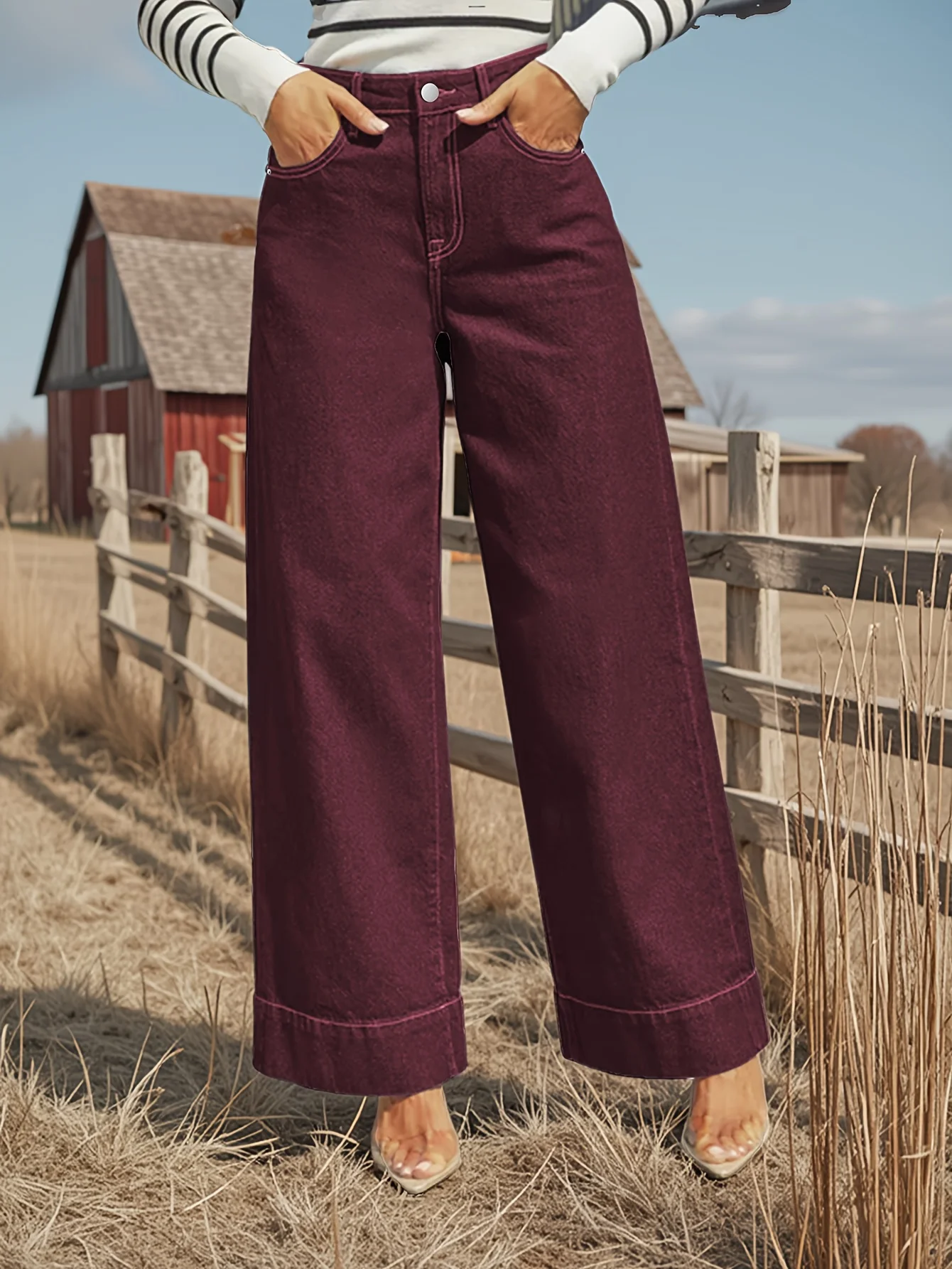 Jean taille haute rouge vin pour femme, jambes larges, en tissu extensible, avec patte de boutons, doux et confortable, slim, délavé, nouvelle collection automne
