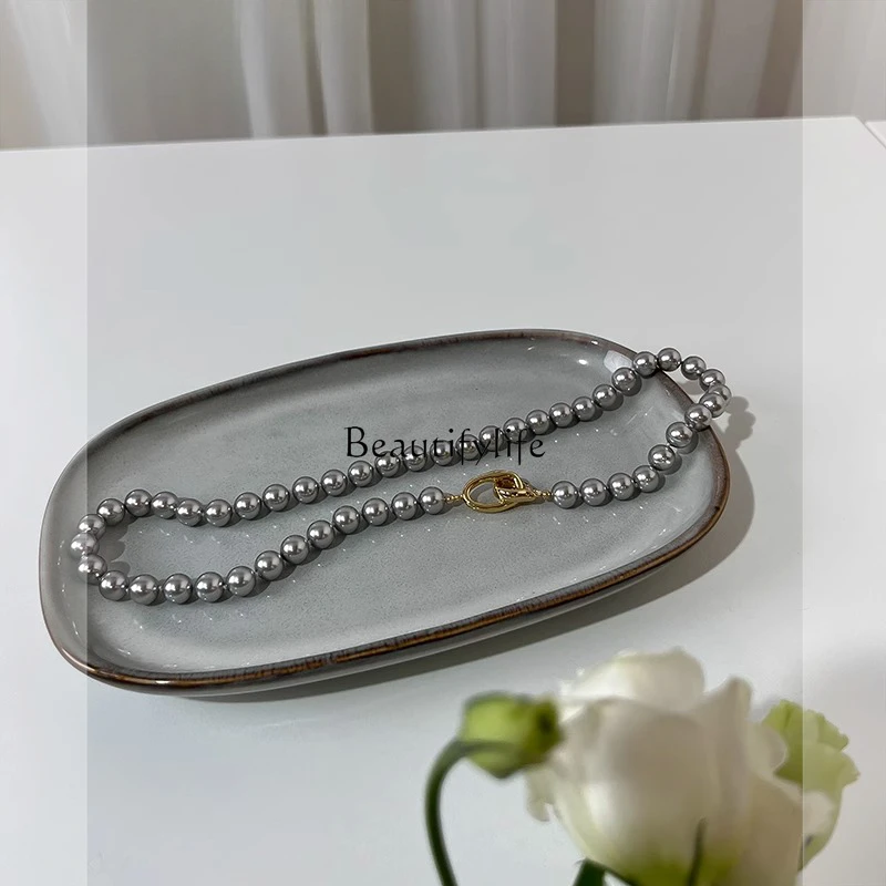 Silver Gray Pearl Necklace Sweater Chain Light Luxury Minority High Sense Necklace