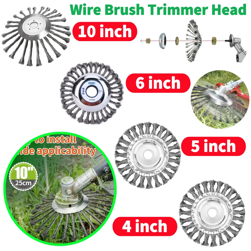 

10/6/5/4inch Wire Brush Trimmer Head Removal Rust Universal Knot Steel Wire Grass Trimmer Head Weeding Wheel Garden Cutter Tool