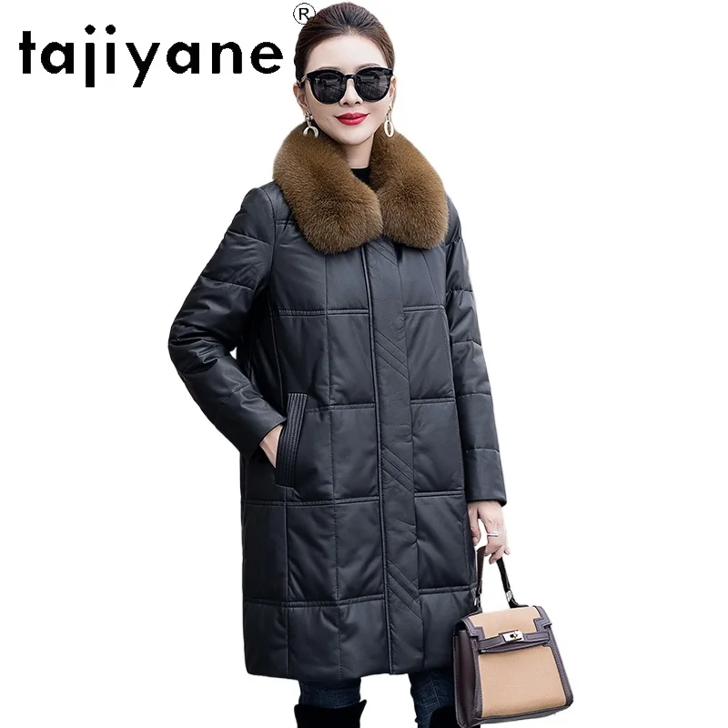 TAJIYANE 100% جلد الغنم بطة أسفل معطف أسود حقيقي جلدية سترة منفوخة النساء مع الثعلب الفراء طوق الملابس الشتوية 2025 doblianка
