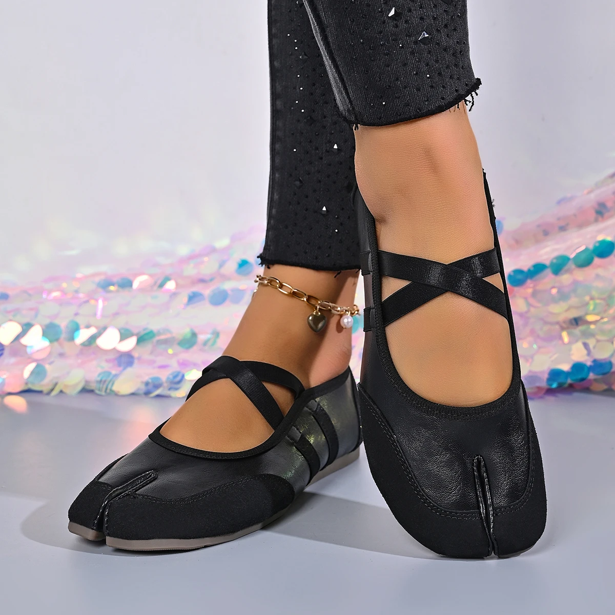 Schwarze, silberne, rote Ballettschuhe, Damen-Split-Toe-Ballerina-Tabi-Sneaker, Mary-Jane-Schuhe, Sommerschuhe – Detail 3