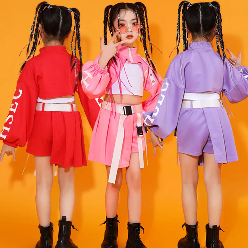 

Детская одежда в стиле хип-хоп, толстовка на молнии, укороченный топ, белая майка, уличная юбка, шорты для девочек, костюмы для джазовых танцев, комплект одежды, 3 шт.