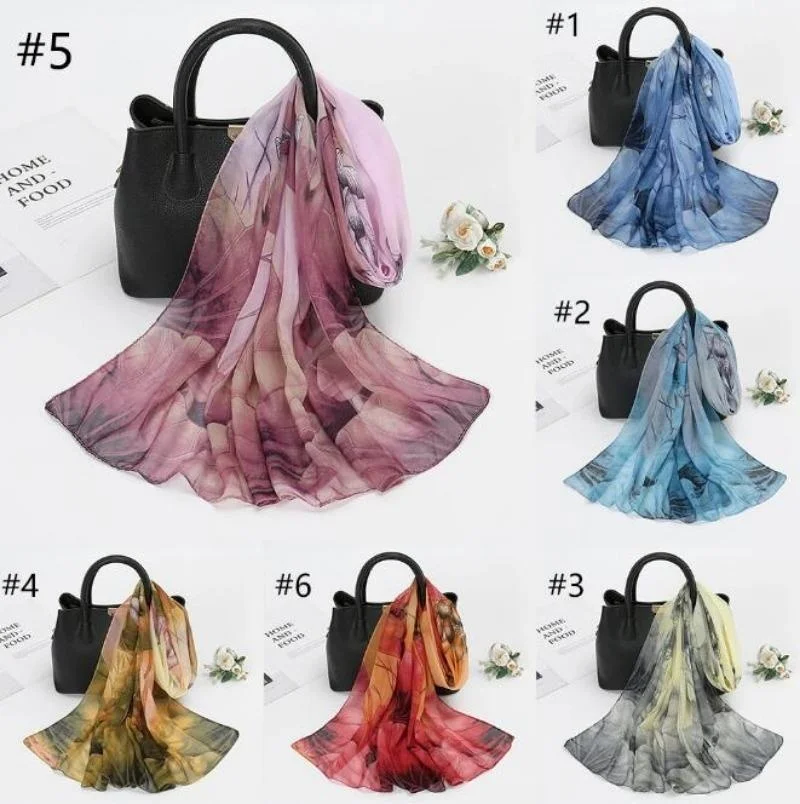 Four Seasons Chiffon Print Colorful Lotus Scarf Shawl Ultra-thin Sun Protection Travel Vacation Beach Scarf Accessories