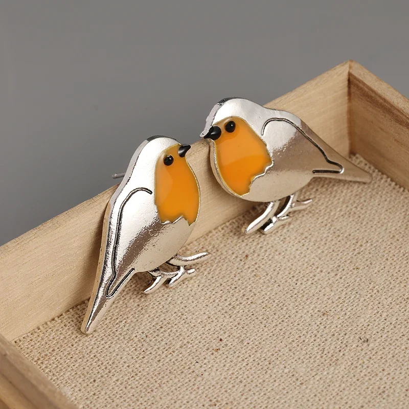 Red Robin Bird Stud Earrings. Small Robin Birds With Orange Enamel. Unique Nature Inspired Bird Earrings For Her.