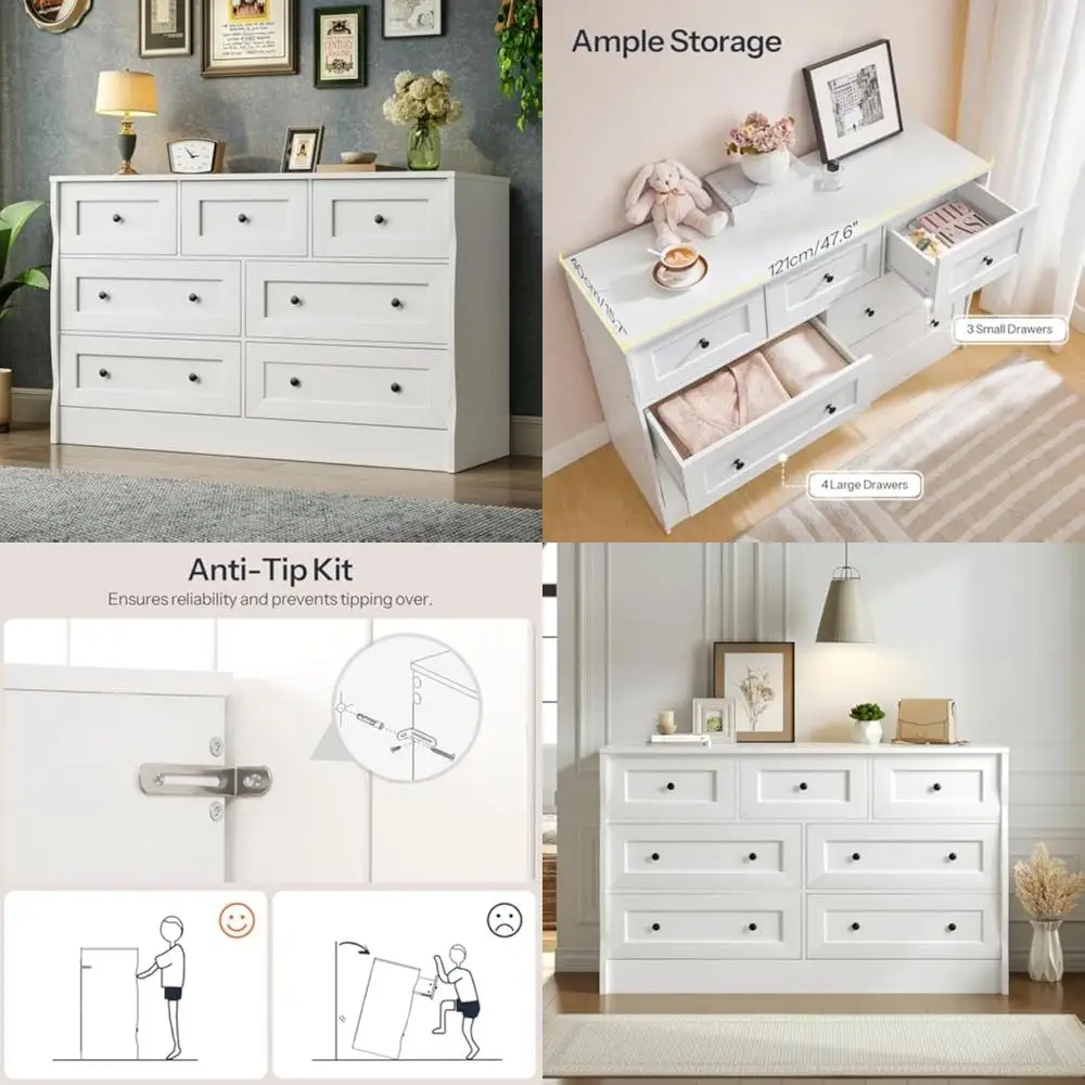 white dresser for bedroom, farmhouse 7 drawers dresser, chest of drawers with storage, minimalist style, dressers organizer for