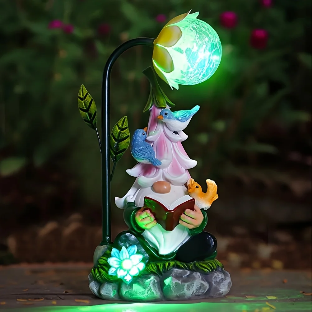 Garden Patio Decoration Pieces Resin Elf Reading Solar Lights, Garden Resin Elf Reading Solar Lights, Garden Gnome Statue Outdoor, Read the Dwarf Statue Solar Light