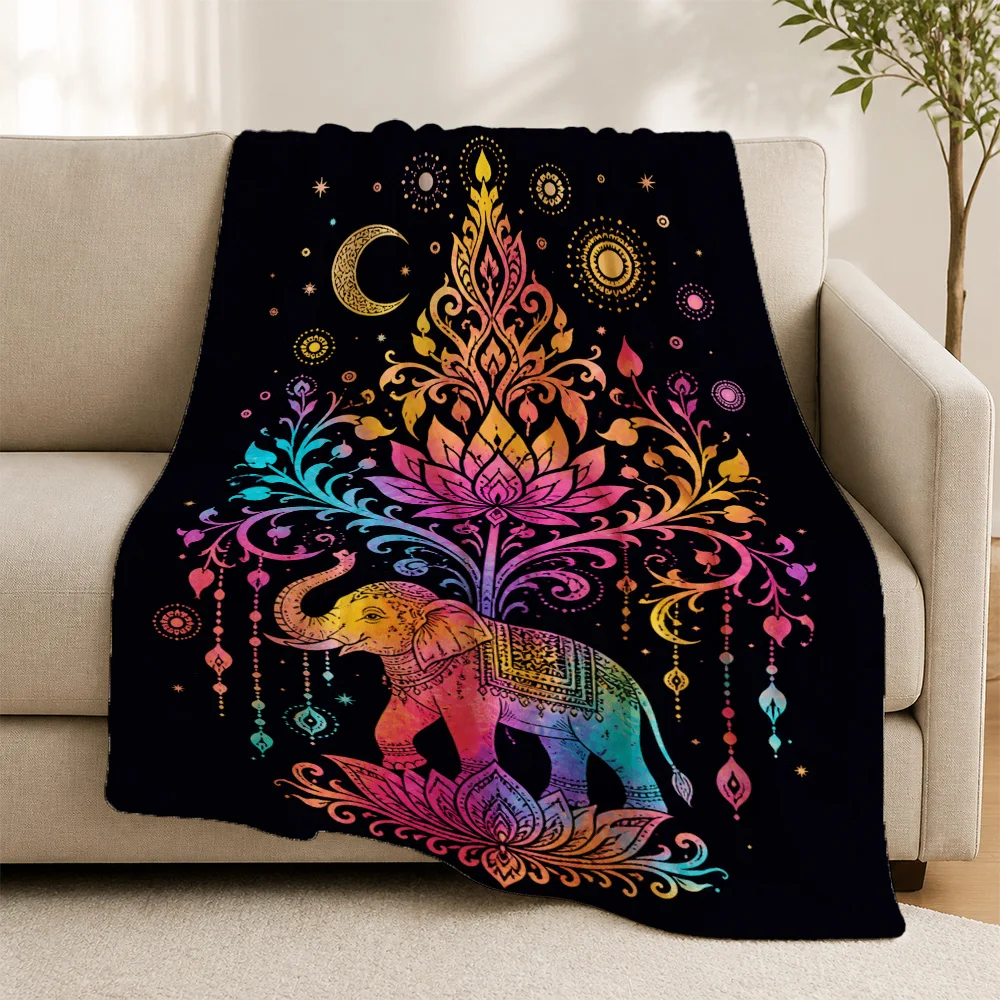 Bohemian Boho Mandala Elephant Print Throw Blanket for Sofa Couch Throw Psychedelic Hippie Yoga Decor Ethnic Chic Art Cozy Livin