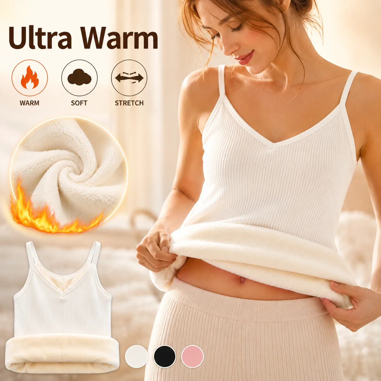 Ultra Soft Fleece Lined Cami Top Women High Elasticity Skin Friendly Warm Base Layer Sleeveless V Neck Shirt For Cold Weather