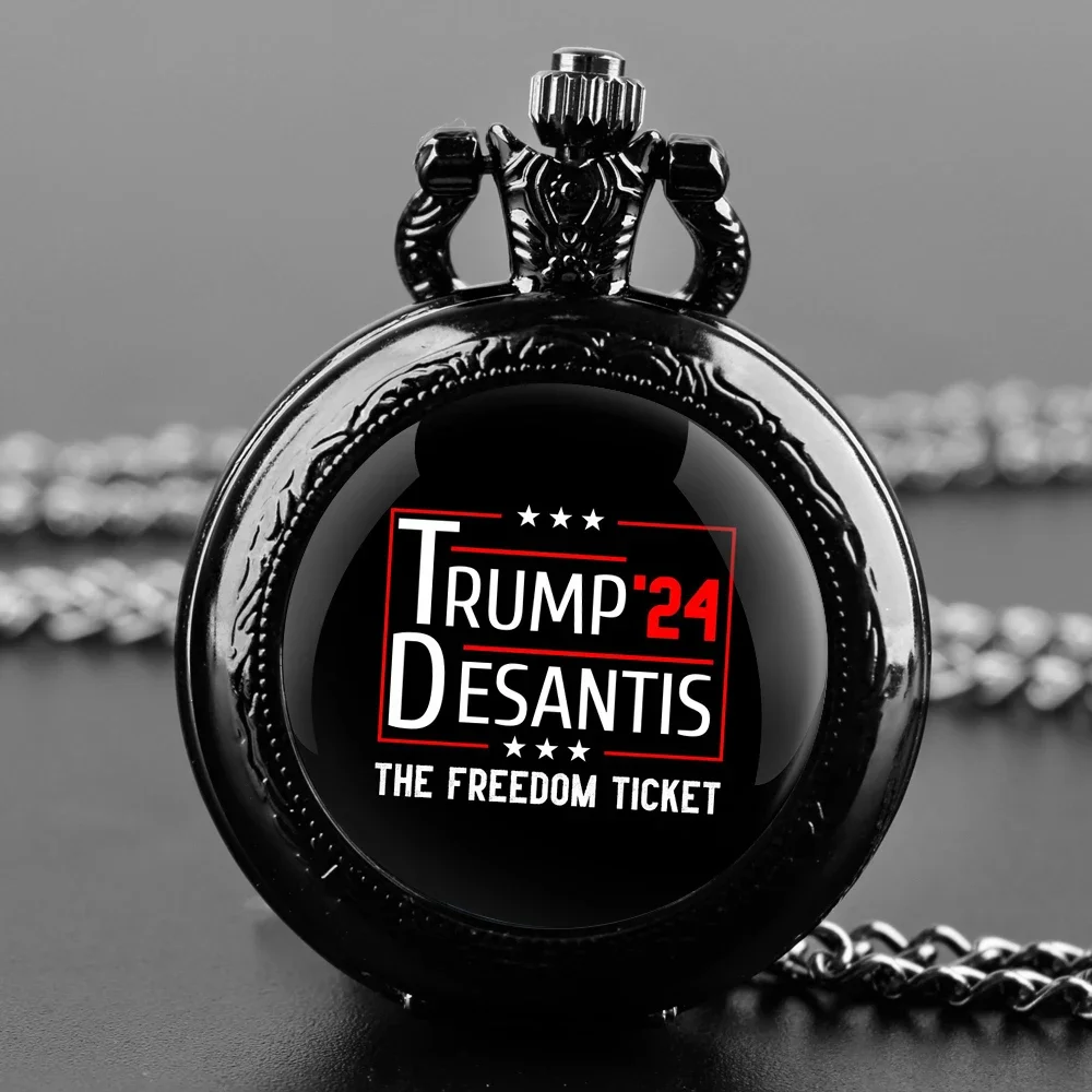 TRUMP 2024 TAKE AMERICA BACK Relógio de bolso - Movimento de quartzo, mostrador redondo, colar de bronze exclusivo, presente de lembrança